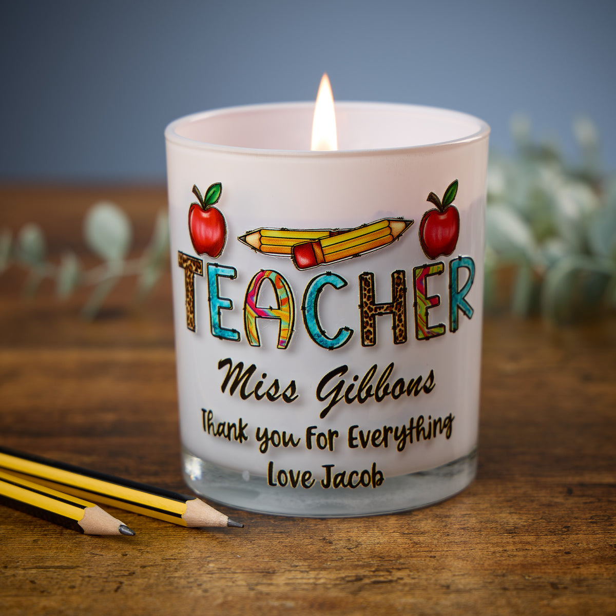 Beautiful Embellished Teacher Candle Jar Gift With Apple and Pencil