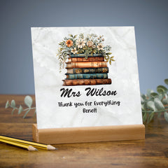 Teacher Thank You Gift Table Sign Plaque With Floral Books