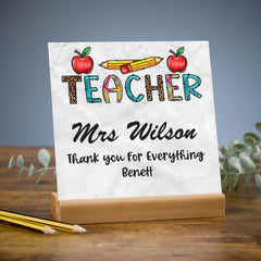 Teacher Thank You Gift Table Sign Plaque With Stand Pencils and Apples Design