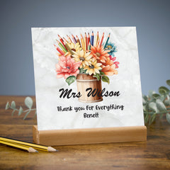 Teacher Thank You Gift Table Sign Plaque With Stand and Floral Pencil Pot Design