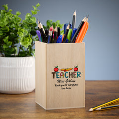 Teacher Pencil Holder Personalised Wooden Pen Pot Gift With Apples