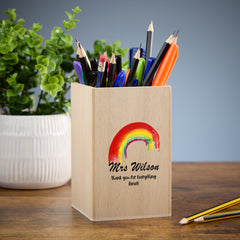 Teacher Pencil Holder Personalised Wooden Pen Pot Gift Watercolour Rainbow