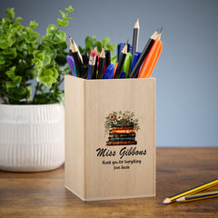Teacher Pencil Holder Personalised Wooden Pen Pot Gift Floral Books