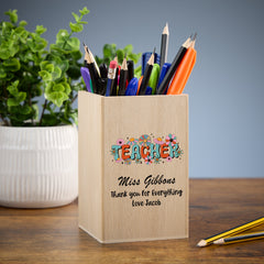 Teacher Pencil Holder Personalised Wooden Pen Pot Gift With Flowers