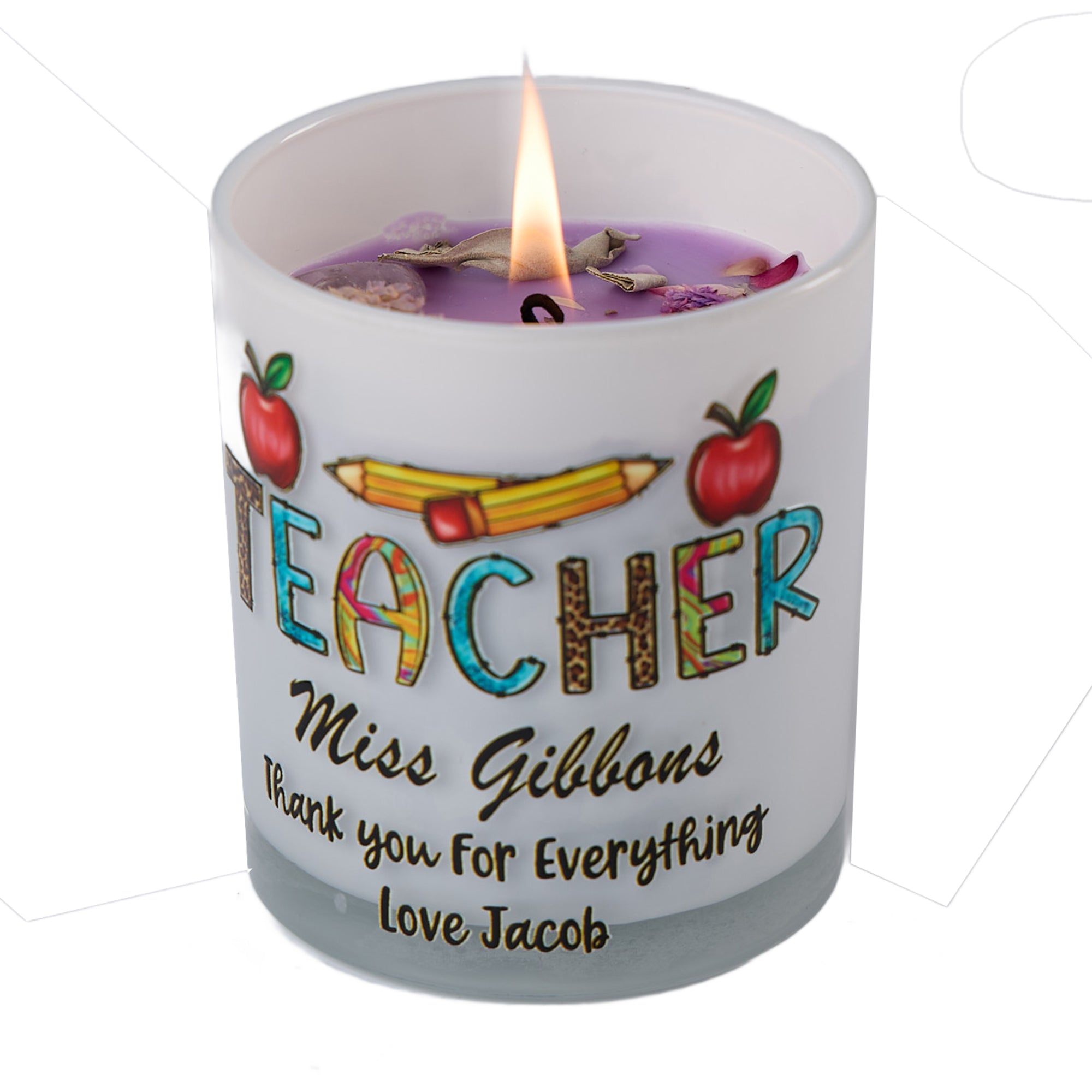 Beautiful Embellished Teacher Candle Jar Gift With Apple and Pencil
