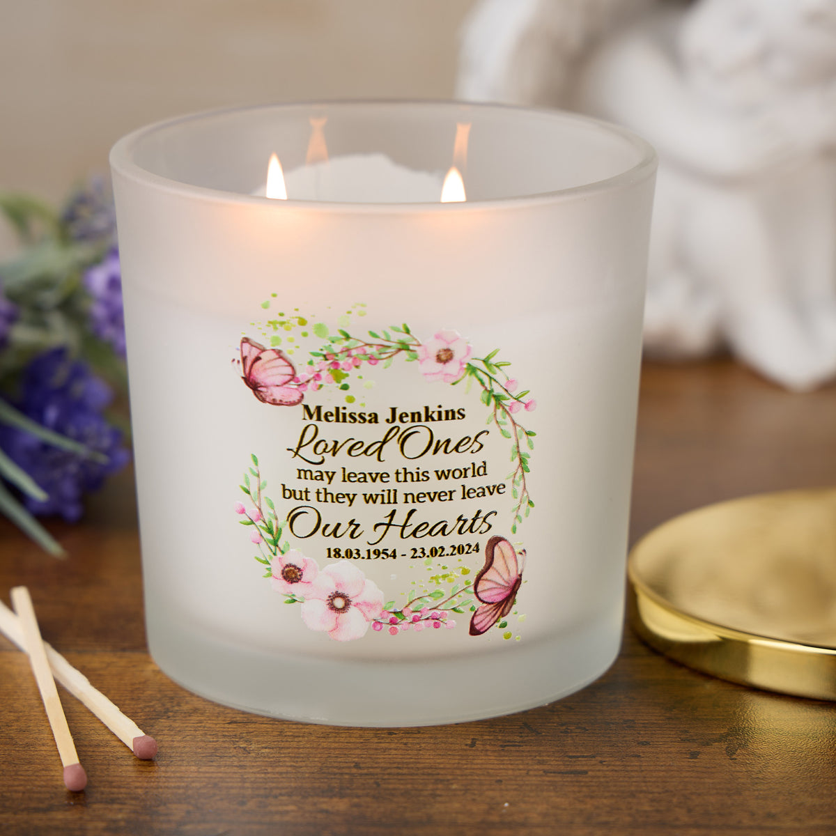 Personalised Large Candle Memorial Remembrance Butterflies and Flowers