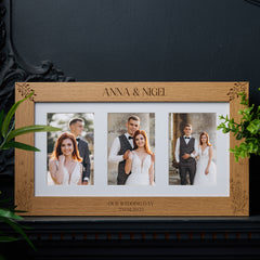 Personalised Wedding Photo Picture Frame Wooden Triple  6 x 4 Gift With Wildflowers