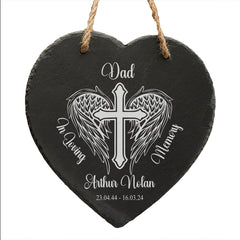 Personalised Angel Wings and Cross Memorial Condolence Slate Heart Engraved