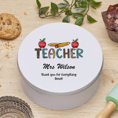 Personalised Teacher Gift Cake Or Cookie Tin With Pencils and Apples