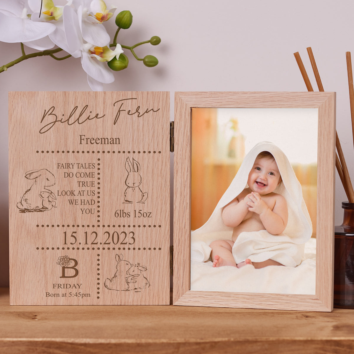 Personalised Baby Birth Book Photo Frame Solid Oak Wood Gift