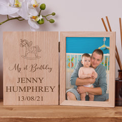 Personalised Girls First Birthday Book Photo Frame Oak Wood Gift