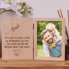 Personalised Dad Heart Book Photo Frame Solid Oak Wood Gift