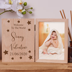 Personalised Welcome To The World Baby Book Photo Frame Solid Oak Wood Gift