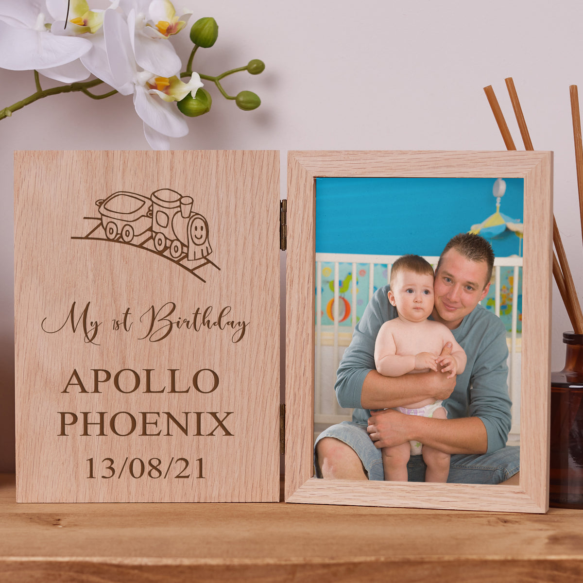 Personalised Boys First Birthday Book Photo Frame Oak Wood Gift