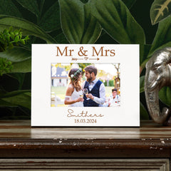 Personalised 'Mr And Mrs' Name And Date White Wooden Photo Frame