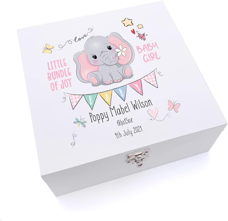 ukgiftstoreonline Personalised Luxury Wooden Baby Girl Keepsake Box Elephant Design