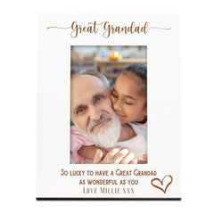 Personalised Great Grandad Love Heart White Wooden Engraved Portrait Photo Frame