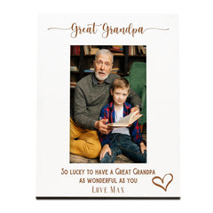 Personalised Great Grandpa Love Heart White Wooden Engraved Portrait Photo Frame