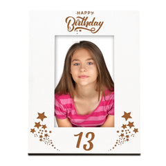 Happy 13th Birthday White Wooden Portrait Photo Frame Star Design Gift