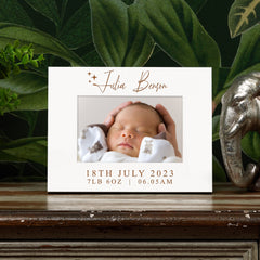 Personalised White Landscape Baby Photo Frame, Newborn New Baby, Engraved Birth Info Picture Frame