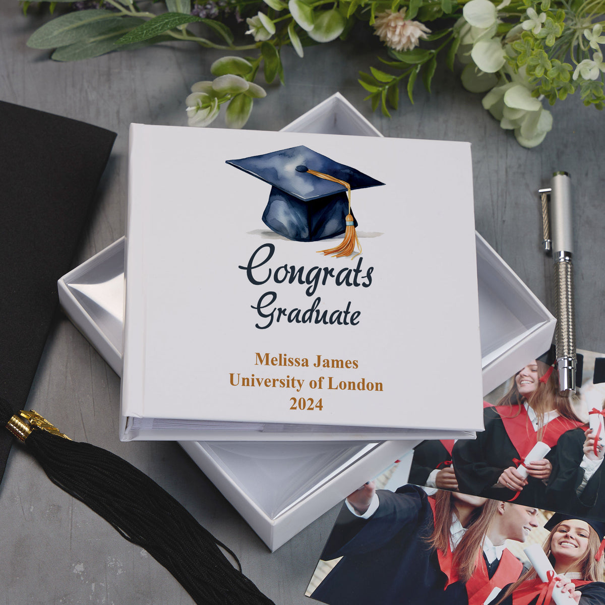 Personalised Graduation Photo Album Keepsake Gift Watercolour Hat