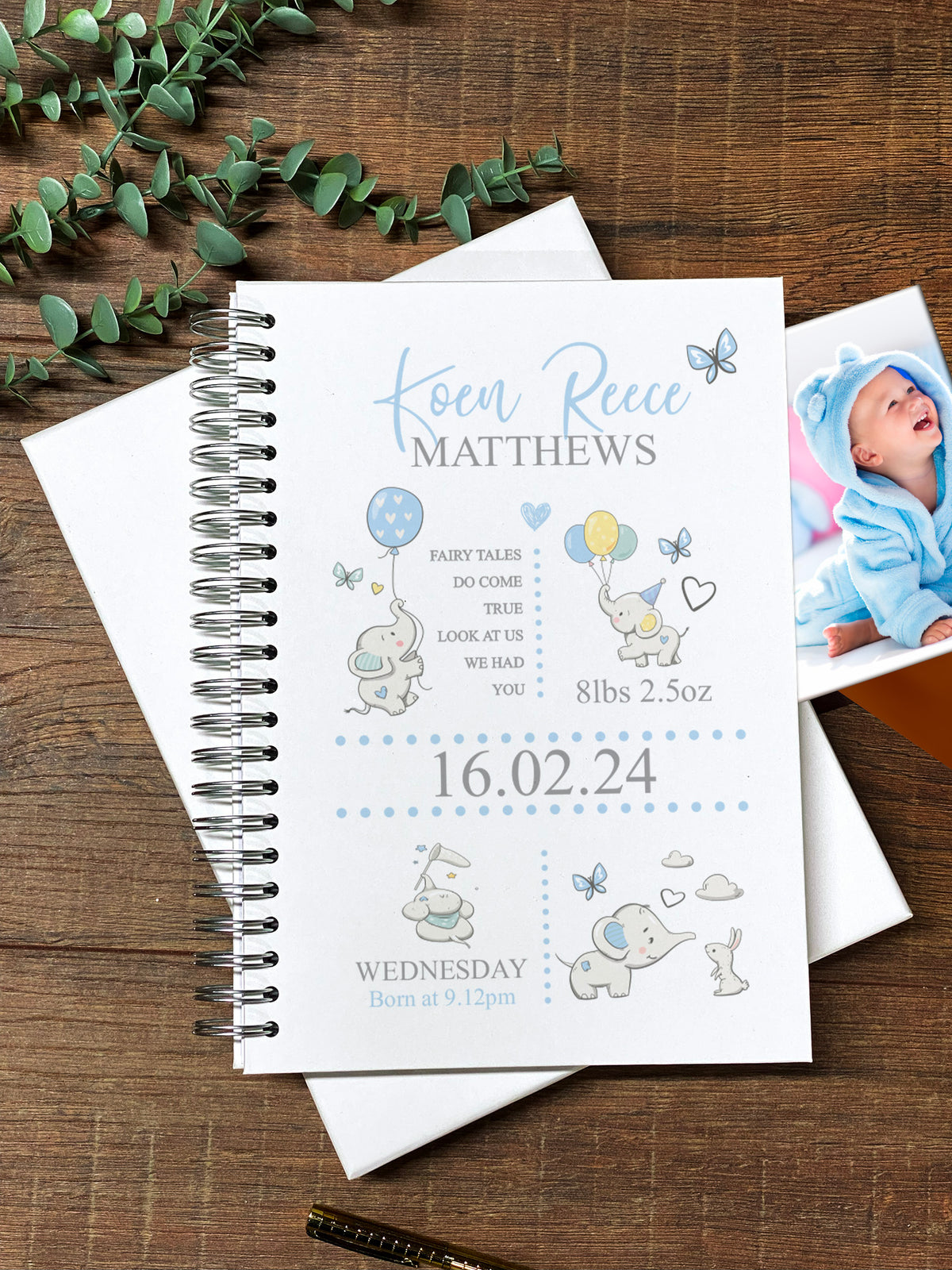 Large Baby Boy Memories Photo Album Scrapbook With Birth Details and Elephants