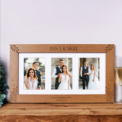 Personalised Wedding Photo Picture Frame Wooden Triple  6 x 4 Gift With Wildflowers