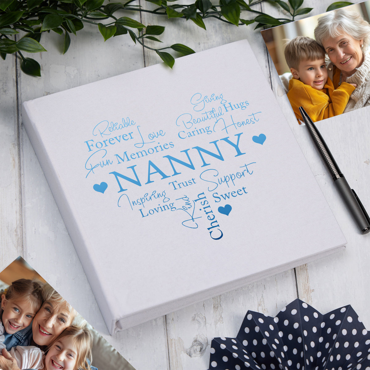 Large Book Bound Nanny Gift With Word Heart Photo Album