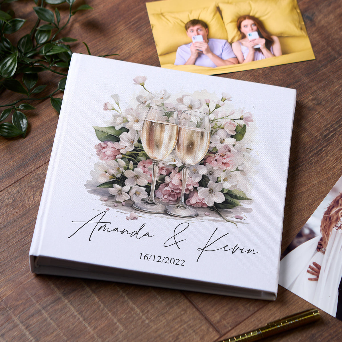 Large Book Bound Personalised Wedding Photo Album With Floral Champagne