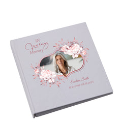 Large Book Bound Female Rose Gold Funeral Condolence Memorial Linen Album With Photo