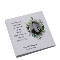 Large Book Bound Personalised Photo Funeral Condolence Memorial Album Green & Gold Frame