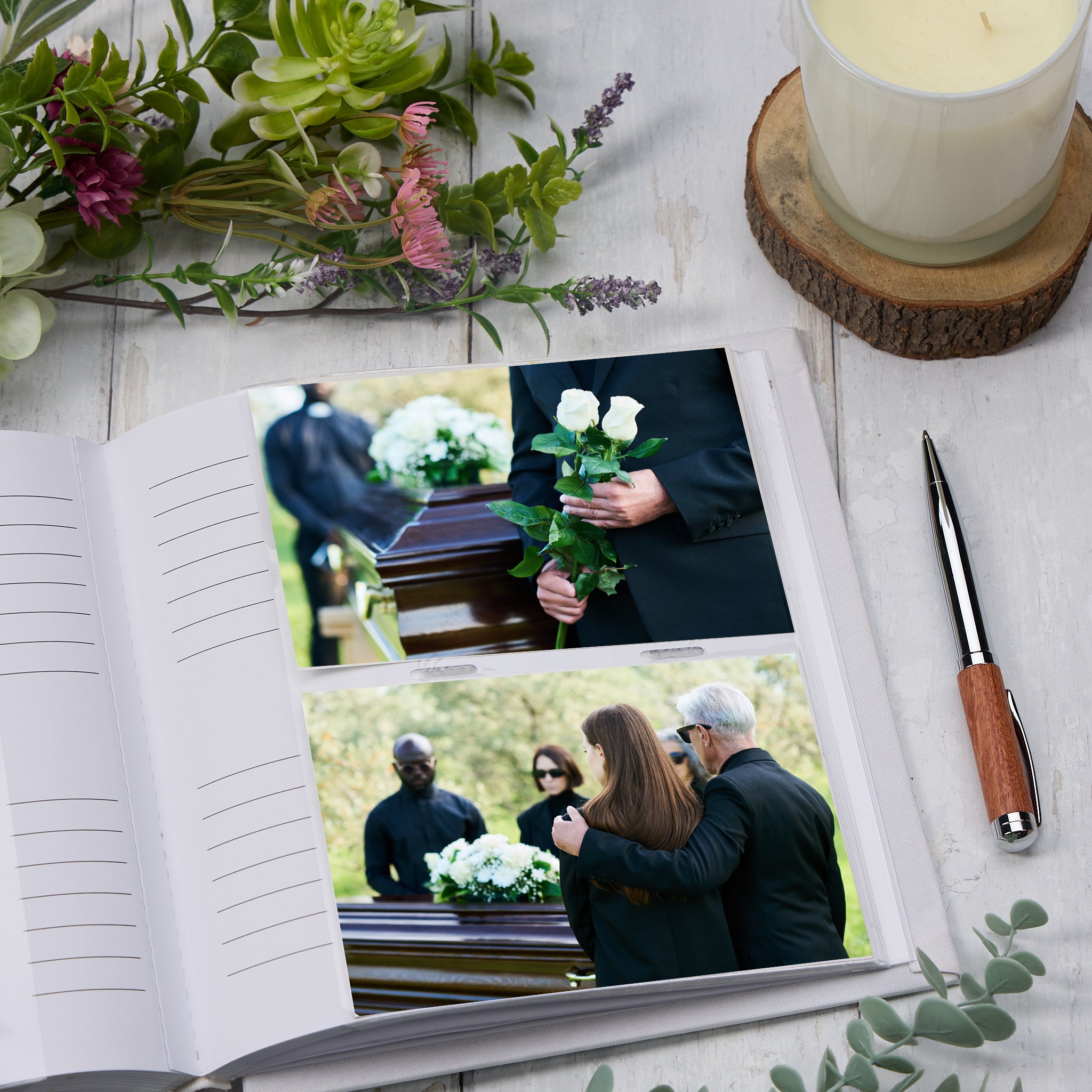 Large Book Bound Male Grey Funeral Condolence Memorial Linen Album With Photo