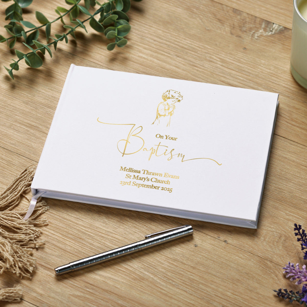 Personalised Boy Baptism Guest Book With Gold Print