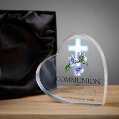 Personalised Communion Heart Block With Blue Floral Cross In Gift Box