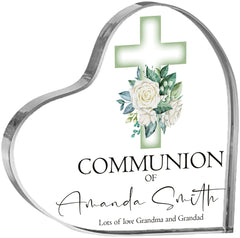 Personalised Communion Heart Block With Green Floral Cross In Gift Box