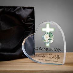 Personalised Communion Heart Block With Green Floral Cross In Gift Box