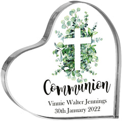 Personalised Communion Heart Block With Green Leaf Cross In Gift Box