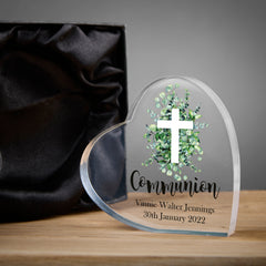 Personalised Communion Heart Block With Green Leaf Cross In Gift Box