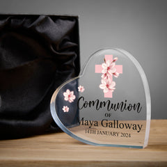 Personalised Communion Heart Block With Pink Magnolia Cross Gift Boxed