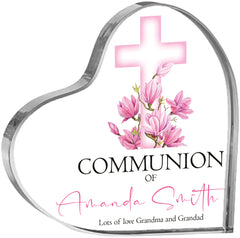 Personalised Communion Heart Block With Pink Floral Cross In Gift Box