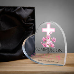 Personalised Communion Heart Block With Pink Floral Cross In Gift Box