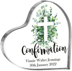 Personalised Confirmation Heart Block With Green Leaf Cross Gift Boxed