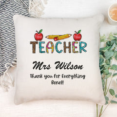 Personalised Teacher Cushion Gift With Pencil and Apples