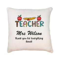 Personalised Teacher Cushion Gift With Pencil and Apples