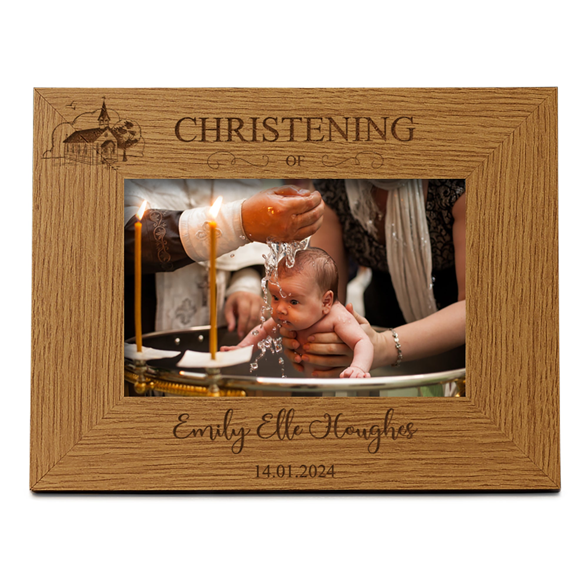 Personalised Christening Photo Picture Frame Landscape With Church Sketch