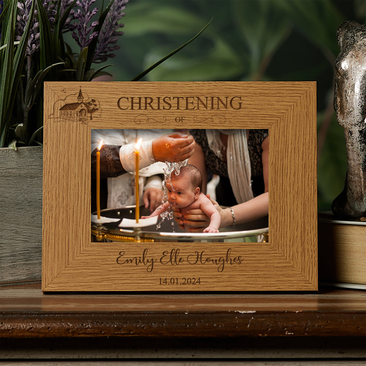 Personalised Christening Photo Picture Frame Landscape With Church Sketch