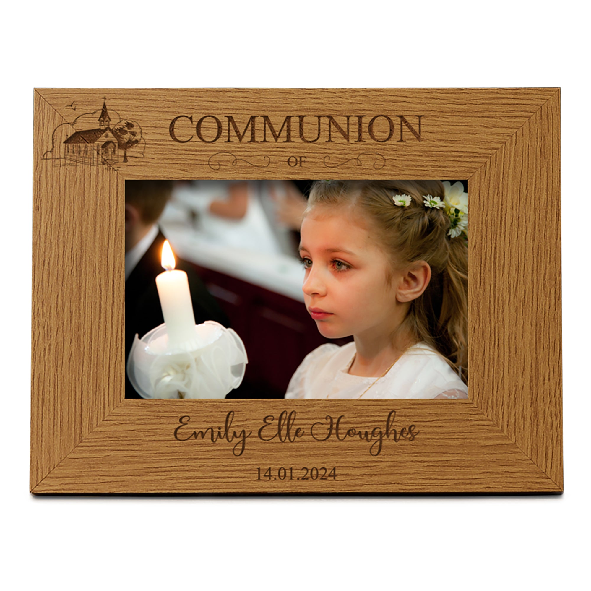 Personalised Communion Photo Picture Frame Landscape With Church Sketch