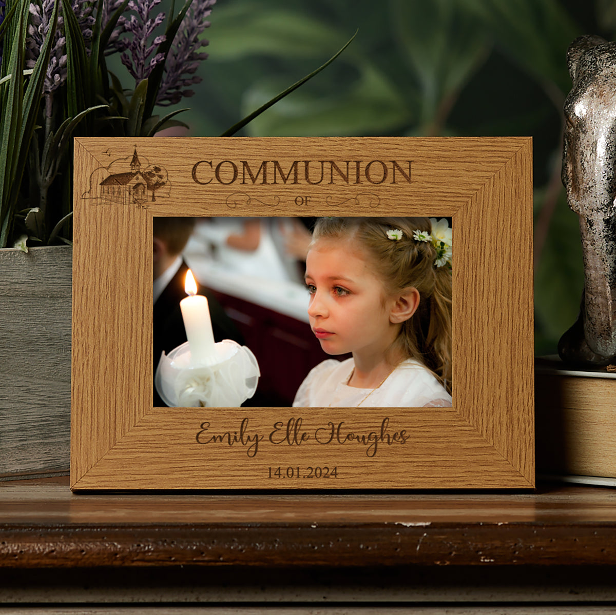 Personalised Communion Photo Picture Frame Landscape With Church Sketch