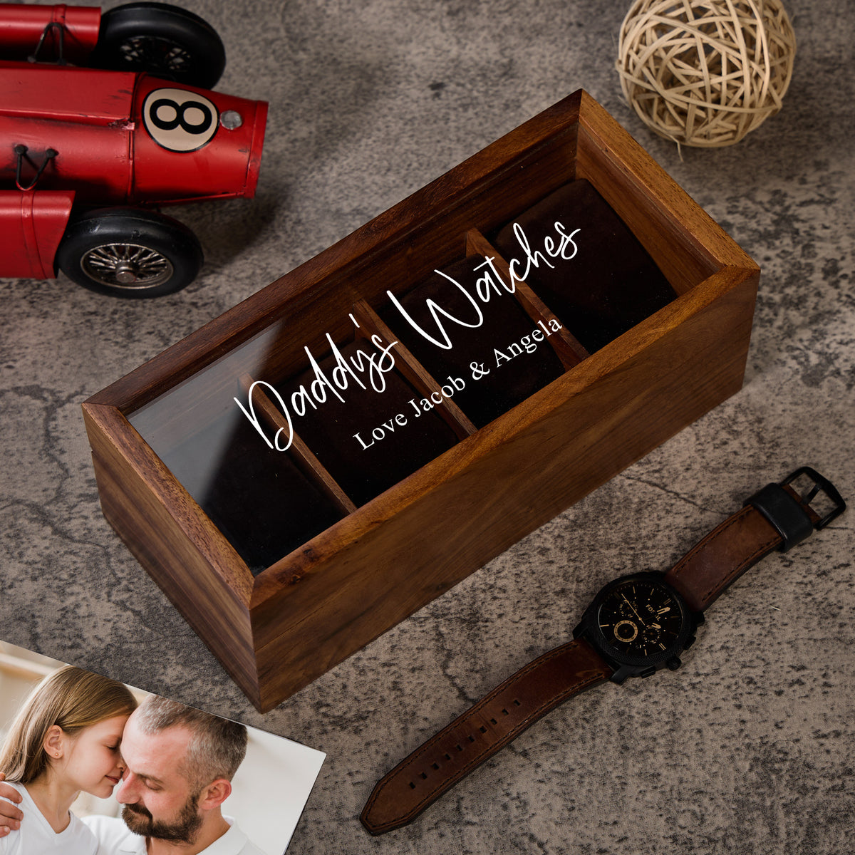 Personalised 4 Watches Solid Wood And Glass Watch Box Gift For Him