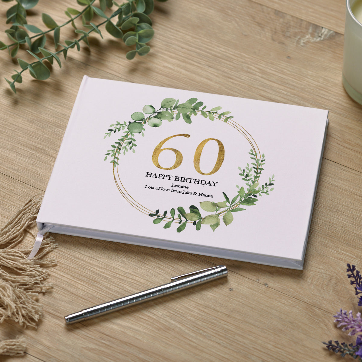 Personalised 60th Birthday Gift for her Guest Book Gold Wreath Design